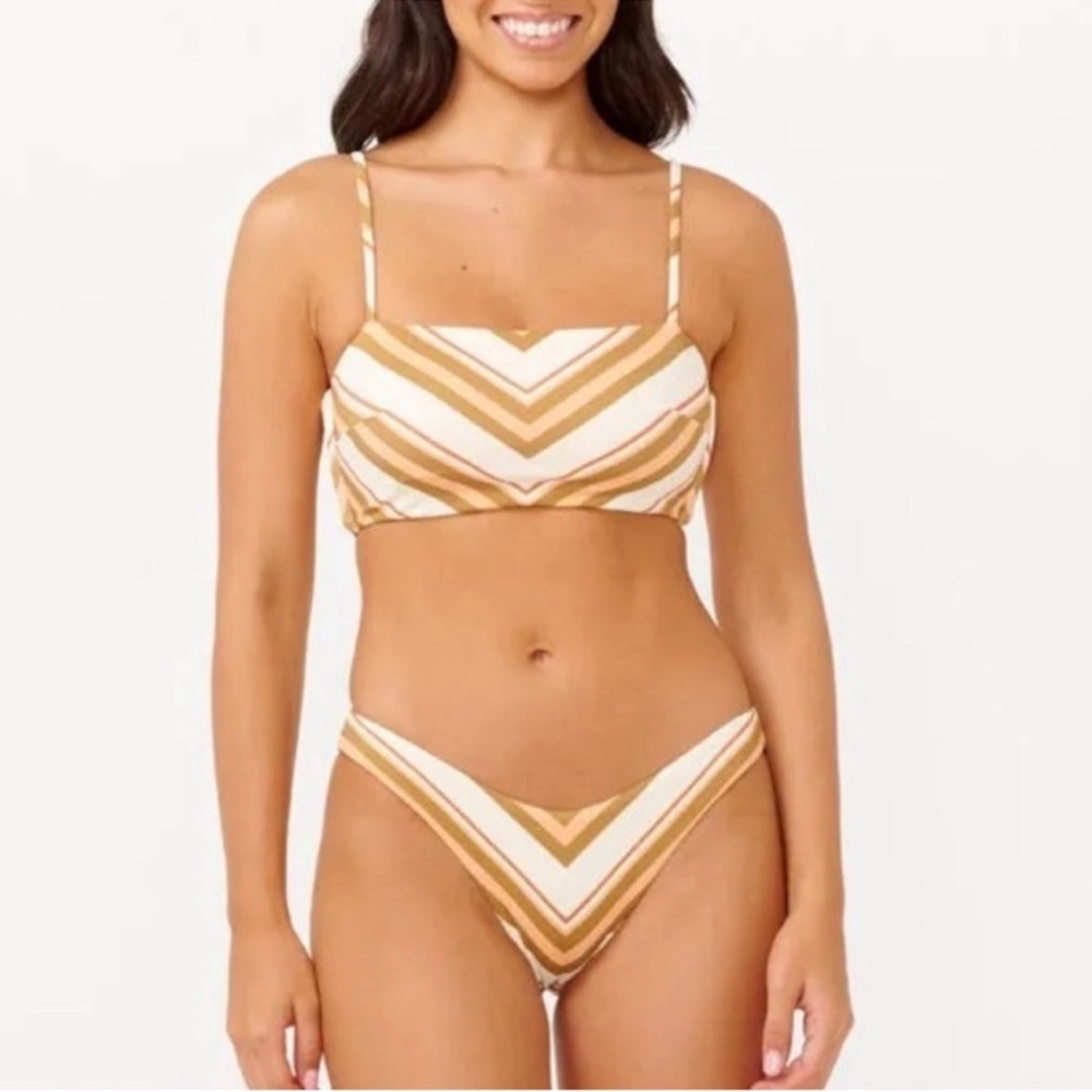 Rip Curl Catalina Stripe Bandeau Bikini Top & High Cheeky Coverage, SMALL